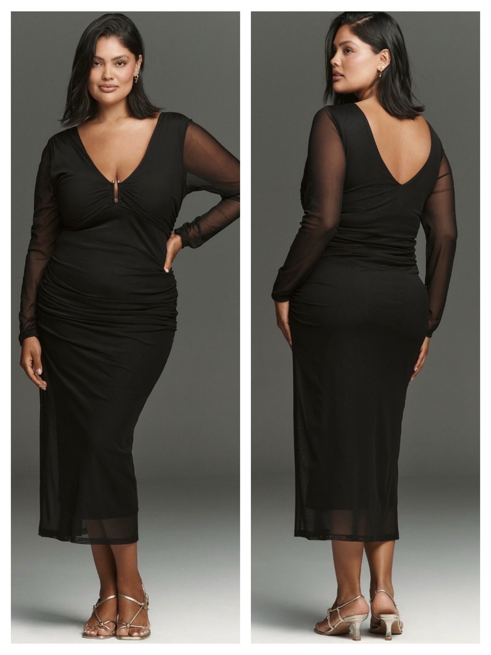 Anthropologie Glam Black Mesh Deep V Midi Dress NWT LBD Petite XL formal party